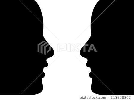人們面對面、互相看著對方的剪影。一個親密的人。客觀自我分析的形象。 人們面對面、互相看著對方的剪影。一個親密的人。客觀自我分析的形象。 115838862
