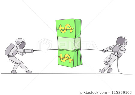 Single continuous line drawing two astronauts fighting over banknotes. Fight for a training scholarship for expedition to the moon. Fight for dreams. Outer space. One line design vector illustration 115839103