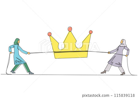 Continuous one line drawing two Arabian businesswomen fight for the crown. Fight to become a reliable business queen. A boss who makes a lot of profits. Single line draw design vector illustration Continuous one line drawing two Arabian businesswomen fight for the crown. Fight to become a reliable business queen. A boss who makes a lot of profits. Single line draw design vector illustration 115839118
