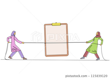 Single continuous line drawing two Arabian businesswomen fighting over a clipboard. Fight for tool that make work easier. Detailing data on profitable clients. One line design vector illustration 115839120
