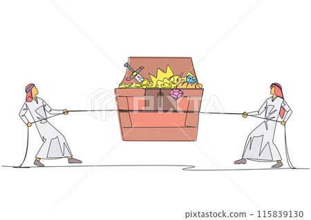 Single one line drawing two Arabian businessmen fight over an open treasure chest. Battle over finding treasure. Everything is done to have it. Greedy. Continuous line design graphic illustration 115839130