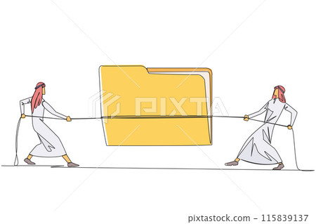 Continuous one line drawing two Arabian businessmen fighting over document folder. Fighting for confidential information that very profitable for company. Single line draw design vector illustration 115839137