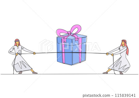 Single one line drawing two Arabian businessmen fighting over a gift box. Struggle for bonuses. The best will be the winner. Achievement of hard work. Continuous line design graphic illustration Single one line drawing two Arabian businessmen fighting over a gift box. Struggle for bonuses. The best will be the winner. Achievement of hard work. Continuous line design graphic illustration 115839141