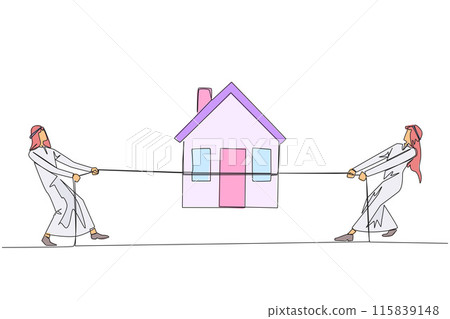 Continuous one line drawing two Arabian businessmen fight over a miniature house. The struggle to achieve dream home. Investment that won't make a loss. Single line draw design vector illustration 115839148