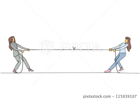 Continuous one line drawing two businesswomen pulling each other's rope. Light exercise relieves fatigue of daily routine. Fill free time to bond together. Single line draw design vector illustration 115839187