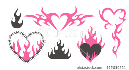 Set Wire Barb heart, oval frame y2k tattoo border, flame silhouette gothic spiky punk print neo tribal isolated on white background. Barbwire emo boundary heart shape. 115839551