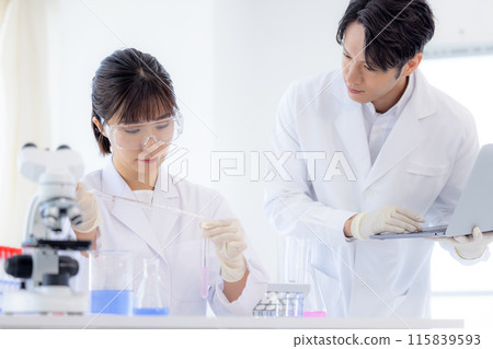 研究圖像 在實驗室工作的男性和女性 研究圖像 在實驗室工作的男性和女性 115839593