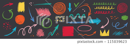 Arrow abstract brush line stroke color vector set. Kid color paint square, spiral, arrow element shape scribble line brush hand drawn sketch design. Grunge abstract chalk, crayon pencil style. Vector Arrow abstract brush line stroke color vector set. Kid color paint square, spiral, arrow element shape scribble line brush hand drawn sketch design. Grunge abstract chalk, crayon pencil style. Vector 115839623