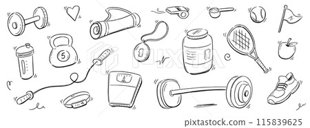Sport gym sketch icon set. Hand drawn sketch doodle healthy sport, gym fit exercise equipment icon.Doodle hand drawn tennis ball, bottle, dumbbell fit equipment. Vector 115839625