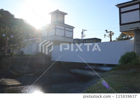 Blue sky, Numazu canal, water gate and river flowing into the sea Blue sky, Numazu canal, water gate and river flowing into the sea 115839637