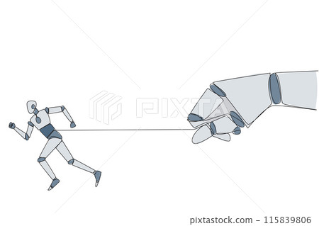 Single continuous line drawing robot runs but its stomach is tied. Artificial intelligence makes the robot unwilling to obey. There is conflict. Wrong code given. One line design vector illustration Single continuous line drawing robot runs but its stomach is tied. Artificial intelligence makes the robot unwilling to obey. There is conflict. Wrong code given. One line design vector illustration 115839806
