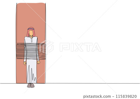 Single one line drawing Arabian businessman stands, tied to a large pillar. Shackled. Confined. Get into a debt trap. Not able to develop business. Fail. Continuous line design graphic illustration 115839820