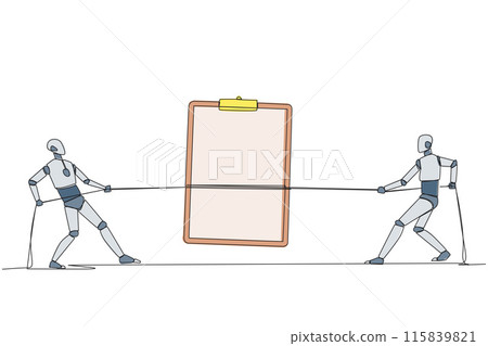 Single continuous line drawing two smart robots fighting over a clipboard. Battle like a cowboy. Compete to write a list of robot development needs. Future tech. One line design vector illustration Single continuous line drawing two smart robots fighting over a clipboard. Battle like a cowboy. Compete to write a list of robot development needs. Future tech. One line design vector illustration 115839821