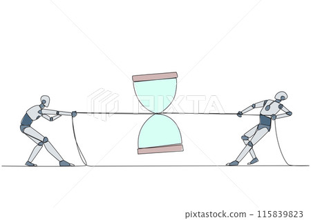 Single one line drawing two smart robots fighting over an hourglass. Beat each other to get the desired time. Time for test run. Future robotic development. Continuous line design graphic illustration Single one line drawing two smart robots fighting over an hourglass. Beat each other to get the desired time. Time for test run. Future robotic development. Continuous line design graphic illustration 115839823