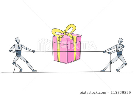 Single one line drawing two robots fighting over a gift box. Fight like a cowboy. Compete with strength and intelligence to win championship prizes. Tech. Continuous line design graphic illustration 115839839
