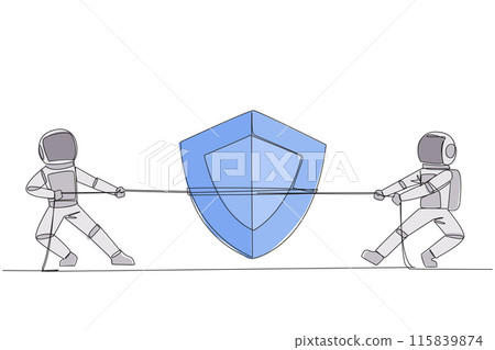 Single one line drawing two astronauts fighting over shield. Fierce battles in the race provide best protection for starships. Getting ready for expedition. Continuous line design graphic illustration 115839874