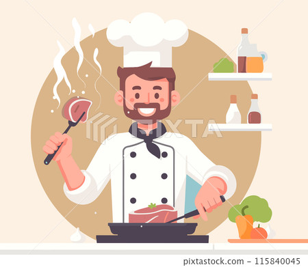 Smiling Chef Cooking Steak Illustration 115840045