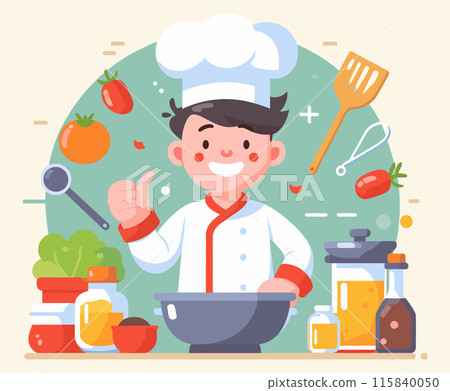 Smiling Chef Cooking Steak Illustration 115840050