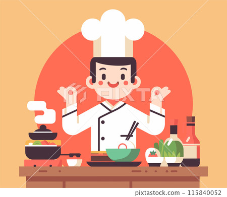 Smiling Chef Cooking Steak Illustration 115840052