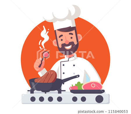 Smiling Chef Cooking Steak Illustration 115840053