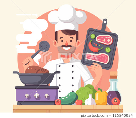 Smiling Chef Cooking Steak Illustration 115840054
