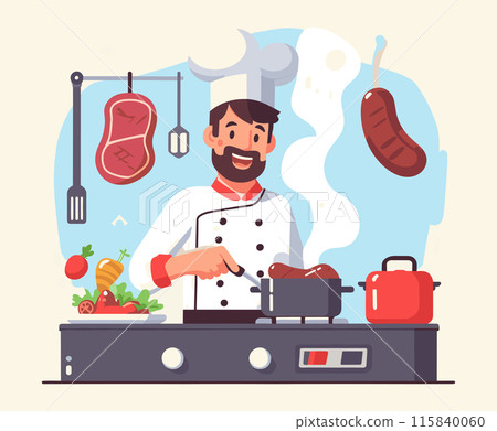 Smiling Chef Cooking Steak Illustration 115840060