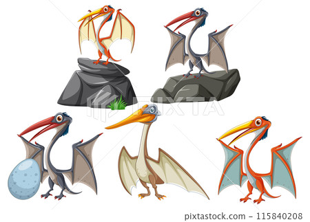 Cartoon Pterodactyls in Various Poses 115840208