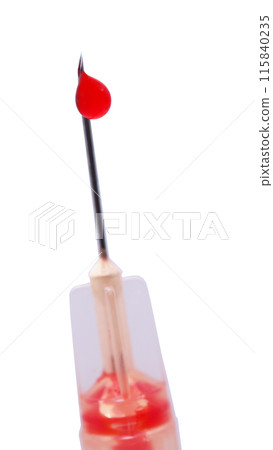 1 ml syringe filled with fake blood and a drop on needle isolated on white background 1 ml syringe filled with fake blood and a drop on needle isolated on white background 115840235