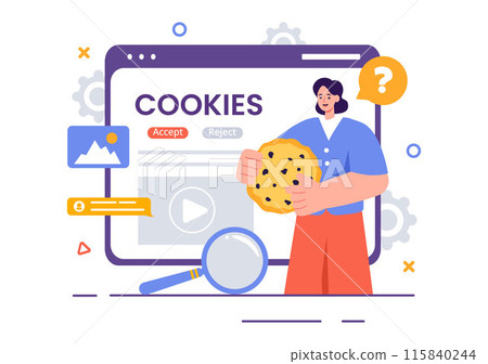 Internet Cookies Technology Vector Illustration with Tracking Cookie Records of Browsing Activity on a Website in a Flat Cartoon Style Background Internet Cookies Technology Vector Illustration with Tracking Cookie Records of Browsing Activity on a Website in a Flat Cartoon Style Background 115840244