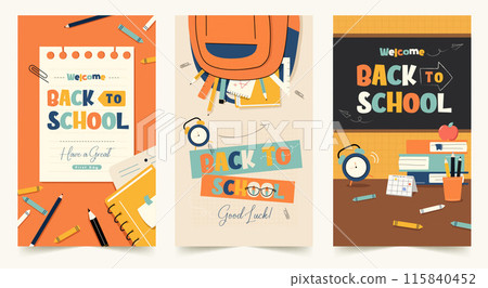 Colorful Back to School Posters with Stationery, Books, and Chalkboard - Perfect for Education and Academic Themes 115840452
