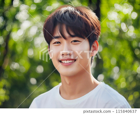 A refreshingly smiling Asian man and a green background (generated by AI) 115840637