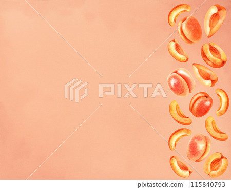 Rectangular fruit frame of orange apricots on a colored background. Watercolor illustration for harvest, template for liqueur, amaretto, perfume, oil, aromatherapy, massage, juice, drinks, cooking Rectangular fruit frame of orange apricots on a colored background. Watercolor illustration for harvest, template for liqueur, amaretto, perfume, oil, aromatherapy, massage, juice, drinks, cooking 115840793