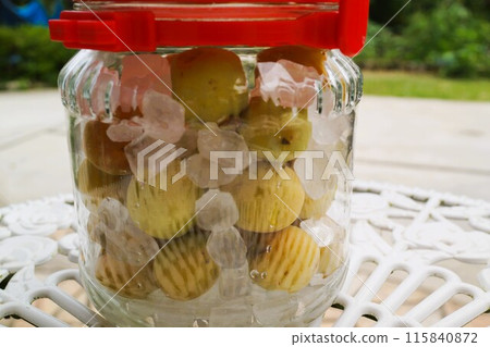 Handmade plum syrup, materials, background Handmade plum syrup, materials, background 115840872