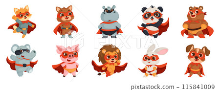 Set of cute superhero animal characters in colorful costumes, perfect for kids' illustrations or animated projects. Set of cute superhero animal characters in colorful costumes, perfect for kids' illustrations or animated projects. 115841009