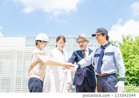 Image of teamwork among people of various professions (businessmen, engineers, researchers, security guards) Image of teamwork among people of various professions (businessmen, engineers, researchers, security guards) 115841044