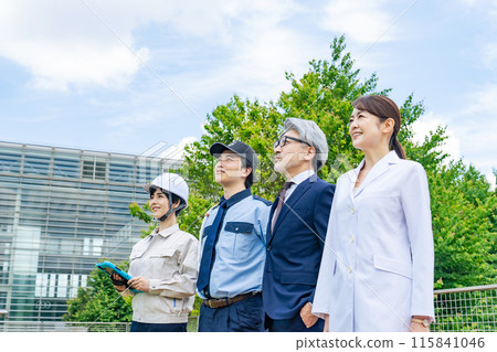 People of various professions (researchers, businessmen, engineers, security guards) looking up at the sky People of various professions (researchers, businessmen, engineers, security guards) looking up at the sky 115841046