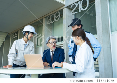 People of various professions having a meeting (businessmen, engineers, researchers, security guards) People of various professions having a meeting (businessmen, engineers, researchers, security guards) 115841076