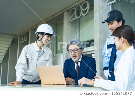 People of various professions having a meeting (businessmen, engineers, researchers, security guards) People of various professions having a meeting (businessmen, engineers, researchers, security guards) 115841077