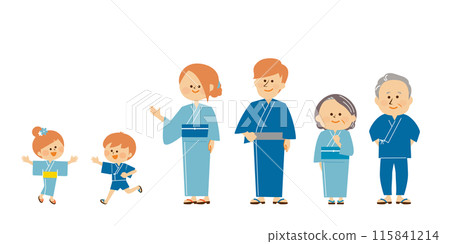 Japanese summer festival Bon Odori dance illustration of three generations of a family wearing yukata 115841214