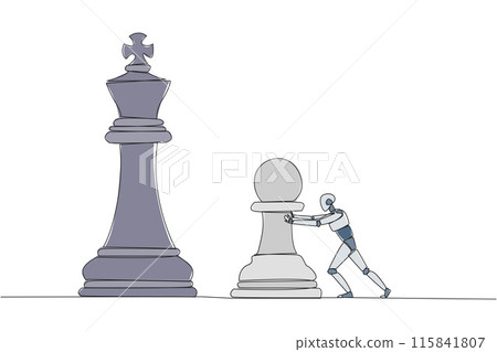 Single continuous line drawing smart robot future technology push huge pawn chess piece. Business strategy and marketing plan. Strategic move in business concept. One line design vector illustration 115841807