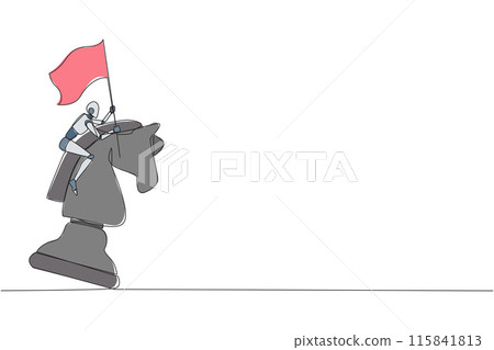 Continuous one line drawing robot future tech riding big chess horse knight and holding flag, strategy, competitive, strategic move in business concept. Single line draw design vector illustration 115841813