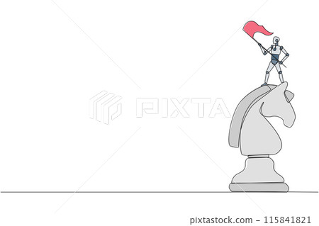 Single one line drawing robotic smart technology standing on top of the big horse chess and waving a flag. Business achievement goal, metaphor concept. Continuous line design graphic illustration Single one line drawing robotic smart technology standing on top of the big horse chess and waving a flag. Business achievement goal, metaphor concept. Continuous line design graphic illustration 115841821