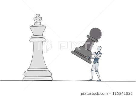 Single continuous line drawing smart robotic holding pawn chess to beat king chess. Strategic planning, business development strategy, tactics in entrepreneurship. One line design vector illustration Single continuous line drawing smart robotic holding pawn chess to beat king chess. Strategic planning, business development strategy, tactics in entrepreneurship. One line design vector illustration 115841825