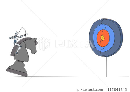 Single continuous line drawing smart robot future tech holding archery aiming target while riding chess horse piece, strategic concept. Success business manager. One line design vector illustration Single continuous line drawing smart robot future tech holding archery aiming target while riding chess horse piece, strategic concept. Success business manager. One line design vector illustration 115841843