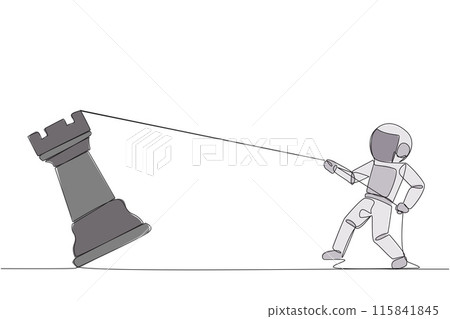 Single one line drawing young energetic astronaut pulling big rook chess with rope. Business achievement goal, strategy, competitive, strategic concept. Continuous line design graphic illustration Single one line drawing young energetic astronaut pulling big rook chess with rope. Business achievement goal, strategy, competitive, strategic concept. Continuous line design graphic illustration 115841845
