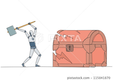 Continuous one line drawing smart robot preparing to hit big treasure chest. Rampage. Running out of capital. Steal. Doing dirty business. Not commendable. Single line draw design vector illustration Continuous one line drawing smart robot preparing to hit big treasure chest. Rampage. Running out of capital. Steal. Doing dirty business. Not commendable. Single line draw design vector illustration 115841870