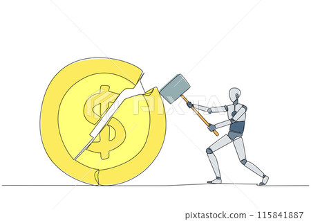 Single one line drawing smart robotic preparing to hit the big coin with dollar symbol. Failed to get new investor. Failed to get income. Expressing anger. Continuous line design graphic illustration Single one line drawing smart robotic preparing to hit the big coin with dollar symbol. Failed to get new investor. Failed to get income. Expressing anger. Continuous line design graphic illustration 115841887