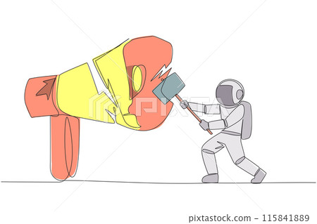 Single one line drawing young astronaut preparing to hit the big megaphone. Destroy of hoax information that damage business stability. Destroy slander. Continuous line design graphic illustration Single one line drawing young astronaut preparing to hit the big megaphone. Destroy of hoax information that damage business stability. Destroy slander. Continuous line design graphic illustration 115841889