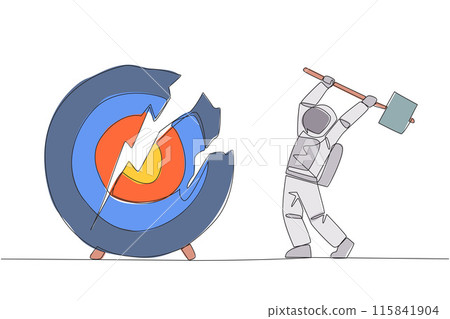 Continuous one line drawing astronaut preparing to hit a big target arrow board. Rampage. Failed to focus, failed to get the promised reward. Madness. Single line draw design vector illustration 115841904