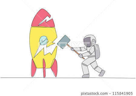 Single continuous line drawing young astronaut preparing to hit a standing rocket. Rampage. Not ready to accept new technology. Not ready for competition. Lost. One line design vector illustration 115841905